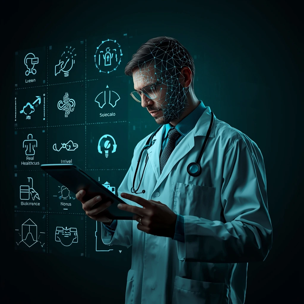lucid origin Doctor analyzing AI powered healthcare recommendation system holographic UI in t 0