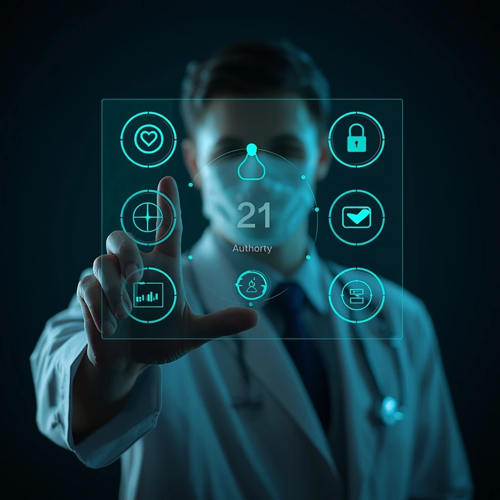 lucid origin Doctor using transparent digital AI dashboard trust and authority symbols glowin 0