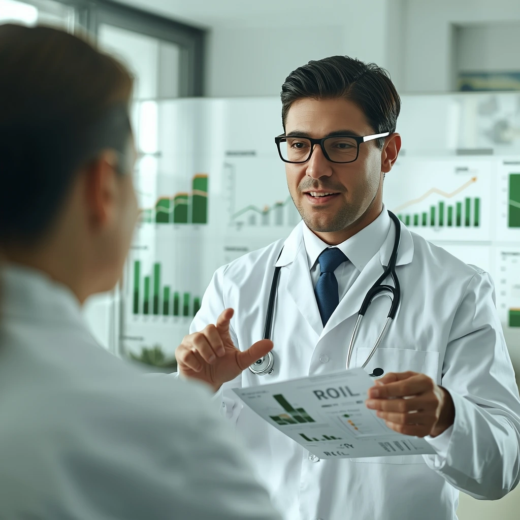 lucid origin Medical advertising analytics doctor reviewing performance charts ROI graphs gro 0