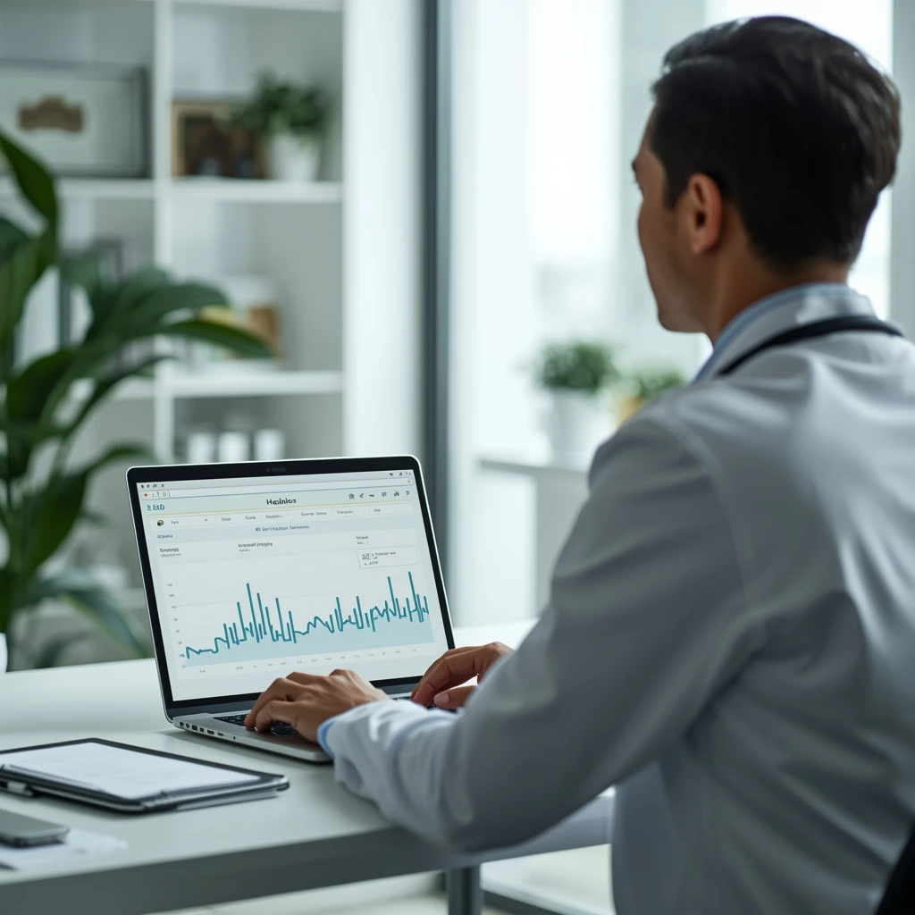 lucid origin Professional doctor sitting at desk using laptop with healthcare AI analytics on 0