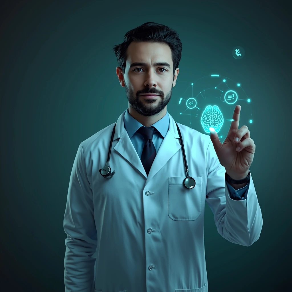 lucid origin Professional male doctor in white coat interacting with glowing holographic AI i 0