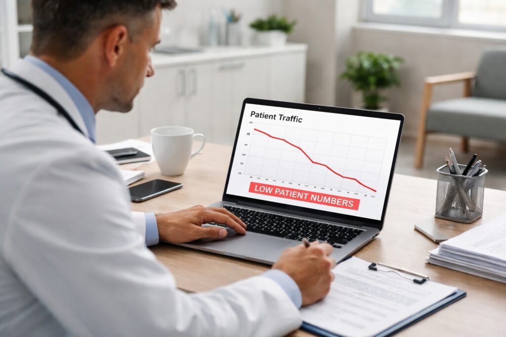 Why Clinics Are Not Getting Patients (And What You Can Do About It) 1 Doctor analyzing low patient traffic graph on laptop in clinic, modern setup, realistic scene Feature Image