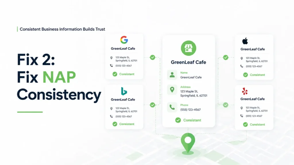 Business Not Showing on Google Maps? 9 Proven Fixes for Local Ranking 3 Fix 2: Fix NAP Consistency